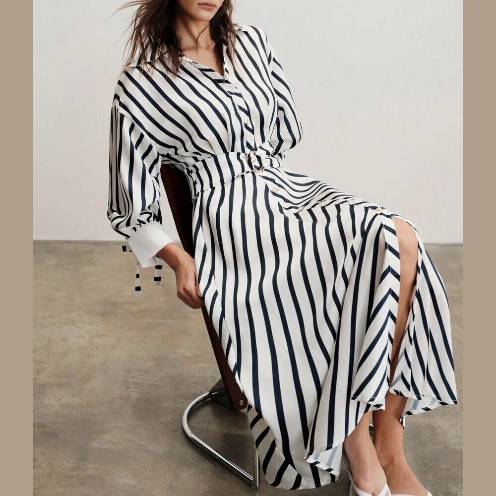 Navy Striped Collared Belted Button Front Maxi Shirt Dress - Picture 2 of 7